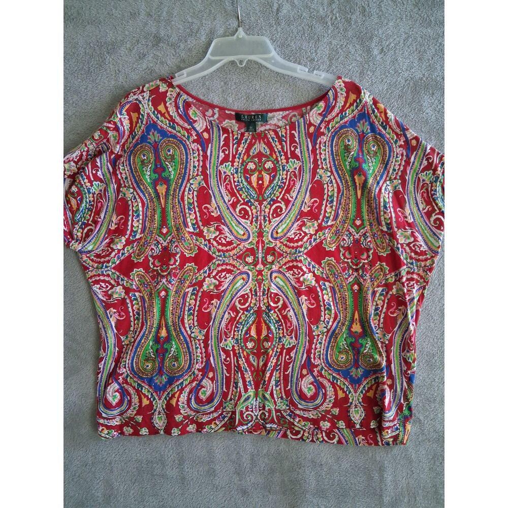 Lauren Ralph Lauren Top 2X Red Paisley Shrt Sleeve Stretch Scoop Neck Artsy Boho